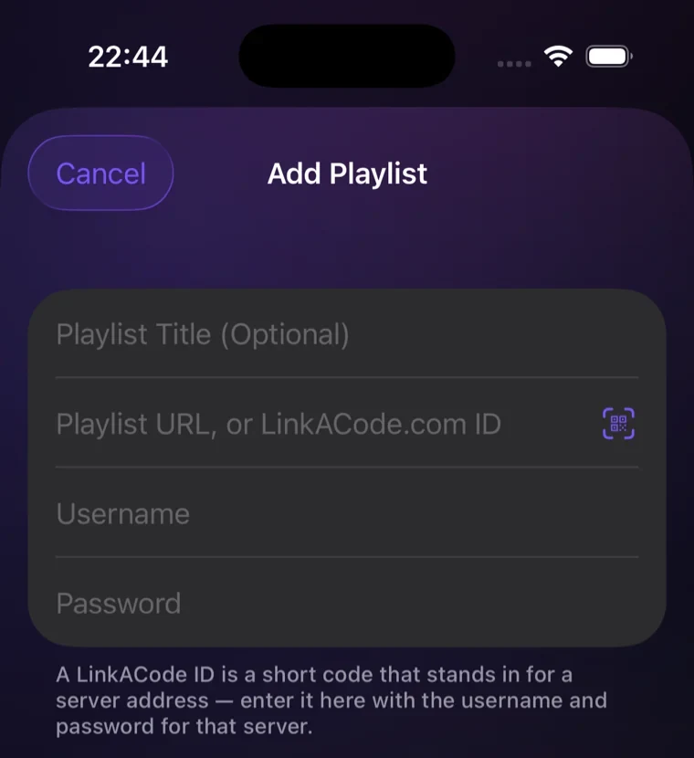 The Add Playlist screen in Vizi Player, showing a field labelled
                "Playlist URL, or LinkACode.com ID".
