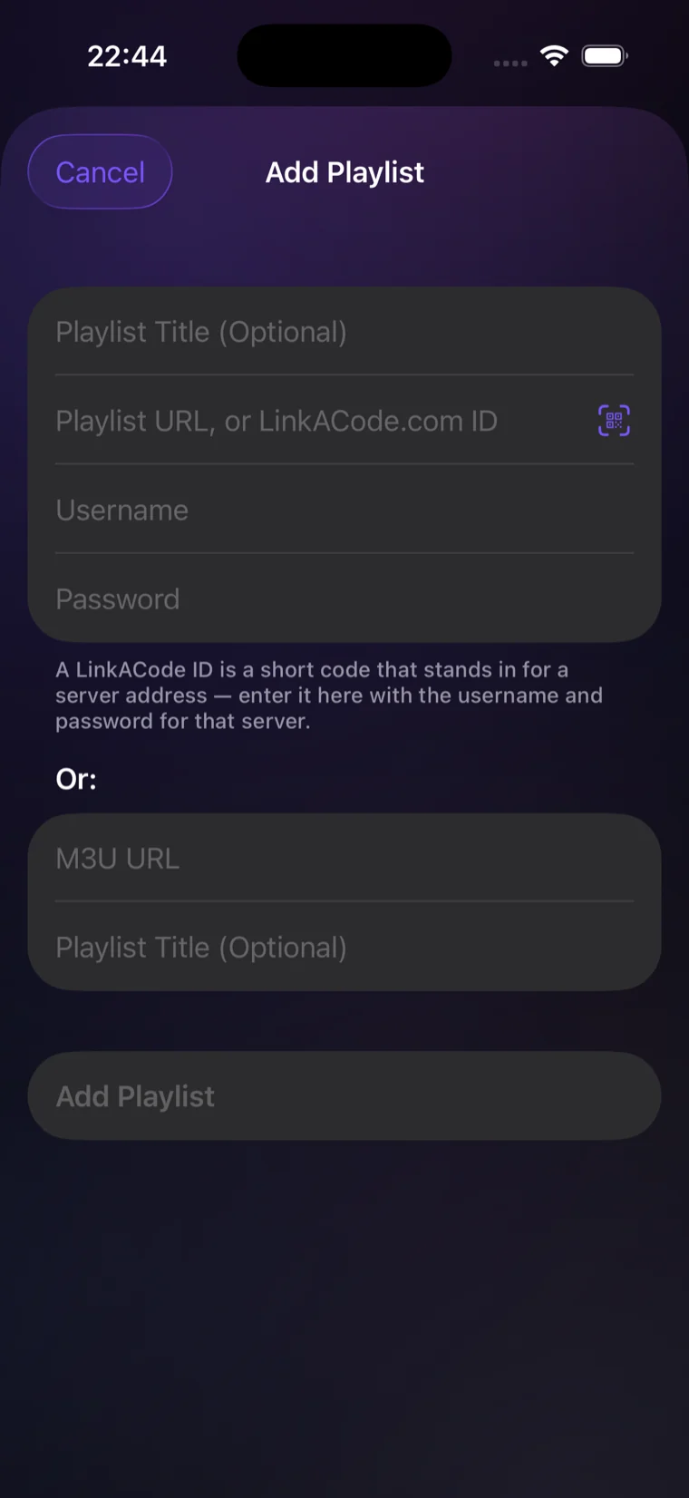 The Add Playlist screen of the Vizi Player app. The second field reads
              "Playlist URL, or LinkACode.com ID", with a QR scanner button beside it,
              and below it a note explaining that a LinkACode ID is a short code standing in for
              a server address, entered with the username and password for that server.